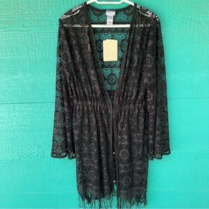 BLACK LACE LONGLINE DRAWSTRING FRINGE CARDIGAN WHIMSIGOTH SIZE XL NWT